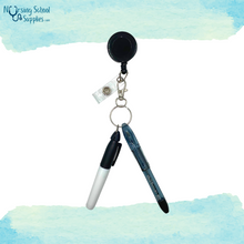 Load image into Gallery viewer, Black Badge Reel with Attached Pen &amp; Permanent Marker

