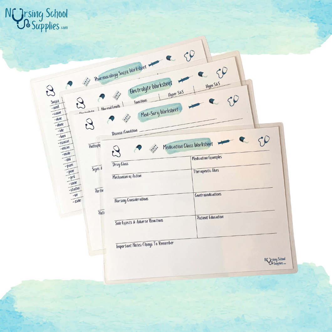 Reusable Study Templates - 4 pack (Electrolytes, Pharmacology Suffixes, Medication Classes, & MedSurg)